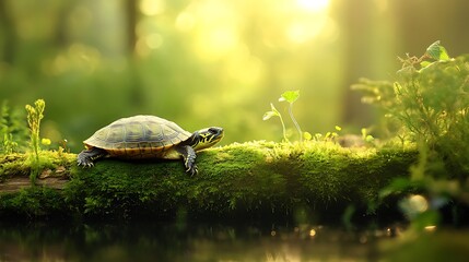 Obraz premium Small Turtle Resting On Mossy Log In Forest Sunlight