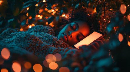 Person in bed at night illuminated by smartphone screen