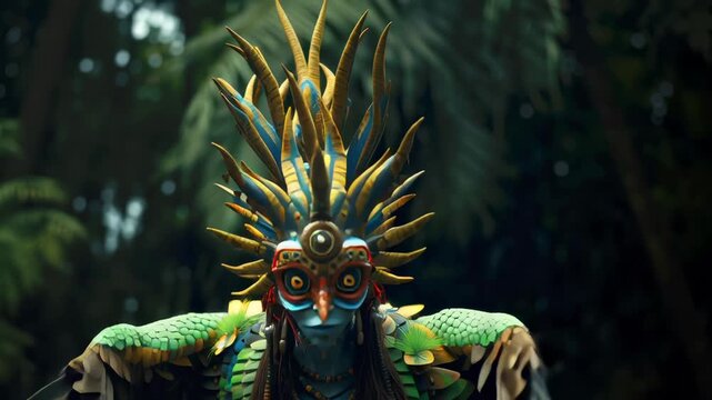Mythical Aztec-inspired eathered deity Quetzalcoatl with elaborate feathered headdress, ornate costume featuring scale-like textures, vibrant blue skin tone, expansive wings and serpent body