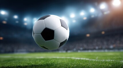 Fototapeta premium A soccer ball soars above the field during an intense moment of a match at a vibrant stadium filled with eager fans under dazzling lights. Energy fills the air as players compete.