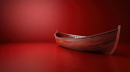 Wooden Boat on Red Background (Minimalist Art Symbol & Creative Design Material)