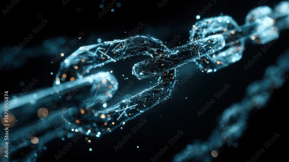 Poster brightly lit digital chain links are suspended in a dark environment, symbolizing connectivity and s