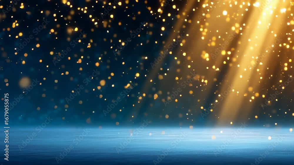 Poster luminescent particles swirling through soft blue environment, creating mesmerizing golden light effe