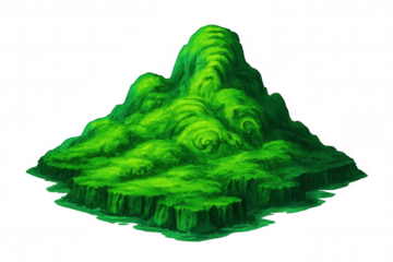 Green floating island with lush vegetation, perfect for fantasy or video game projects, isolated on transparent background