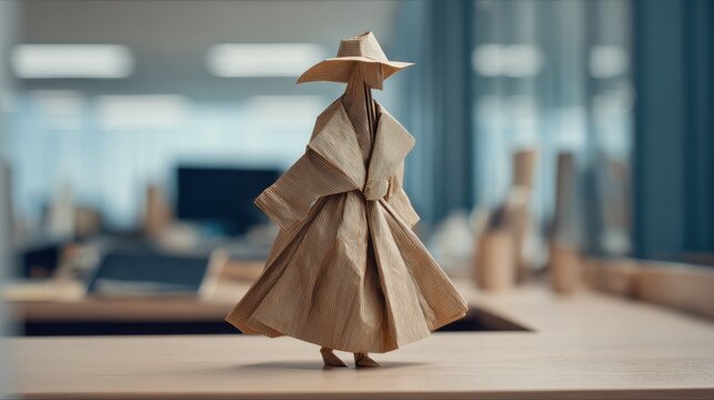 A finely crafted origami figure dressed in a stylish outfit stands on a sleek office desk surrounded by contemporary furniture and muted colors, creating a striking artistic contrast.