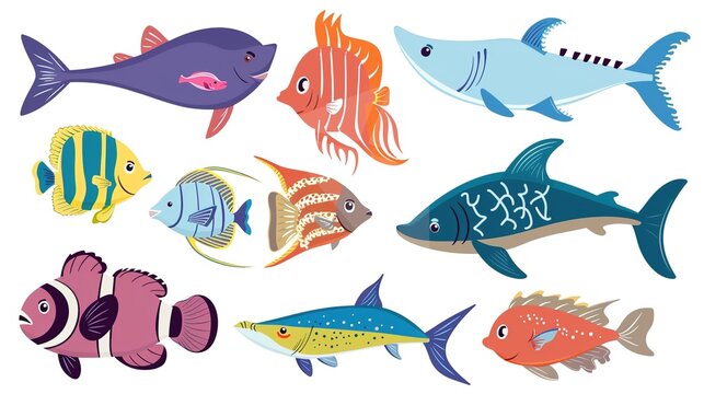 Various Fish on a White Background – a vibrant and playful visual. The colorful fish set against a white backdrop create a lively and eye-catching composition.