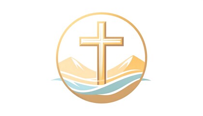 Obraz premium Christian symbol, golden cross on a circle, mountains and water