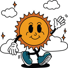 Retro Cartoon Sun Character Waving Illustration