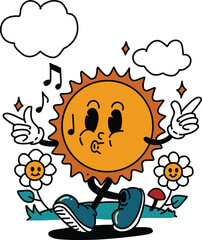 Retro Cartoon Sun Whistling with Flowers Illustration