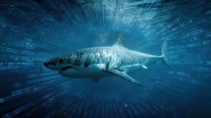 Naklejka premium A great white shark moves gracefully in an ocean setting filled with floating binary code, blending realism with a digital twist. The scene captures a unique interaction of nature and technology.