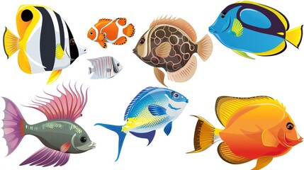Various Fish on a White Background – a vibrant and playful visual. The colorful fish set against a white backdrop create a lively and eye-catching composition.