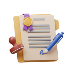 3d illustration of a signed document with a stamp and pen isolated on transparent background