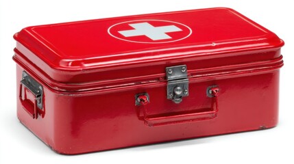 Resting on a neutral surface, this vintage red first aid kit features a prominent white cross symbol. It showcases a classic design with a sturdy handle and metal latch.