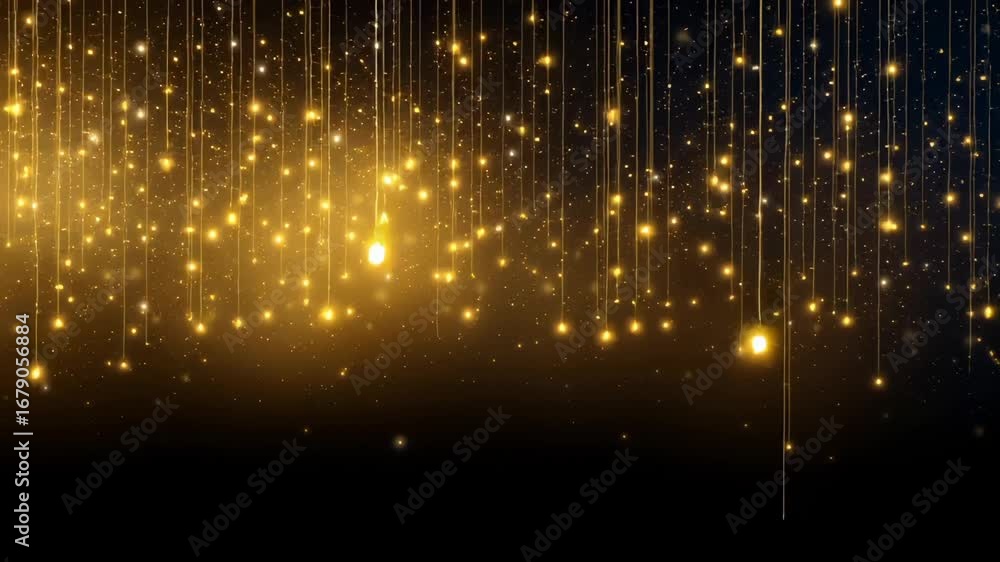 Poster Radiant golden particles descending through dark cosmic space, creating mesmerizing vertical light streams with varying intensity and ethereal luminescence.