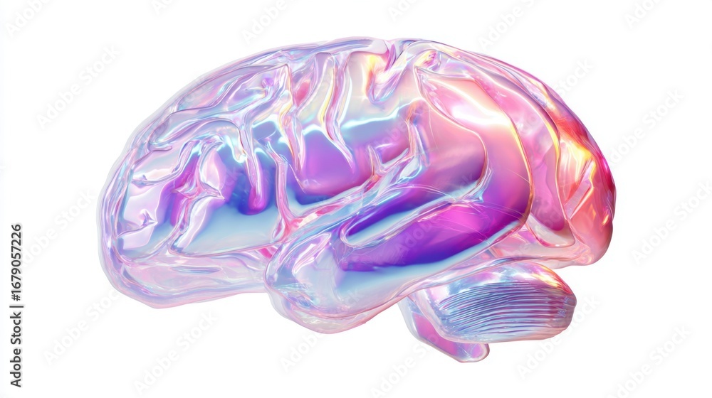 Poster a vibrant, translucent brain model showcases intricate neural pathways in holographic colors and org