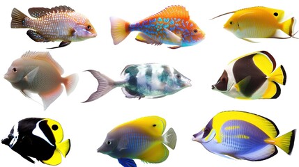Various Fish on a White Background – a vibrant and playful visual. The colorful fish set against a white backdrop create a lively and eye-catching composition.