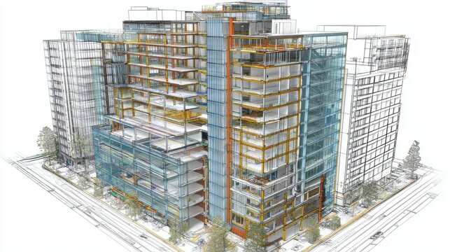 Detailed architectural representation showcases a modern building with glass facades and vibrant structural elements. The surrounding area features green trees and urban infrastructure.