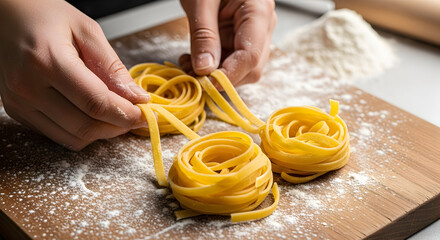 Homemade fettuccine pasta preparation on wooden board showcasing culinary artistry
