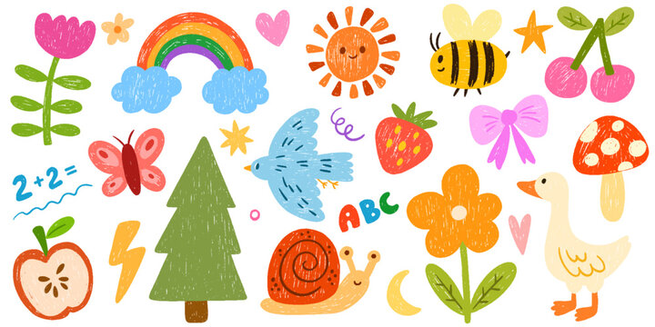 Naklejki Crayon kid set. Funky childish color pencil naive doodle, cute cartoon animals. Kindergarten funny wax crayon rainbow, flower, butterfly, cherry, heart, strawberry, bee. Hand drawn vector illustration