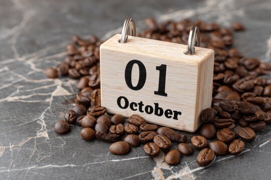 Block calendar showing 01 October surrounded by brown coffee beans on a marblelike surface