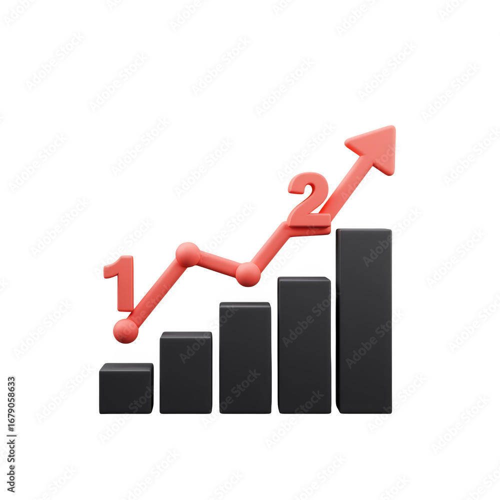 Aufkleber 3d bar chart with upward trend line and numbers isolated on transparent background