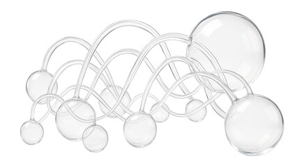 Network of transparent tubes arching between suspended spheres.