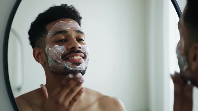 Smiling Young Man Applying Facial Cream in Bright Bathroom Mirror Self-Care Routine Ads and Advertisement Promotion Skincare and Handsome Grooming Model