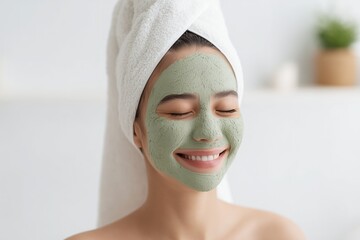 Woman with a towel on her head and a green facial mask, smiling during a home spa beauty treatment.