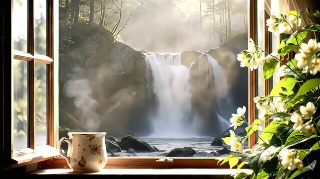 Peaceful Morning Coffee with a Beautiful Waterfall View from a Cozy Window.