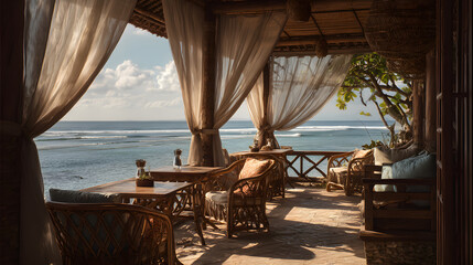 Fototapeta premium Oceanview Terrace Oasis: This image captures a breathtaking vista from a tranquil terrace, overlooking the boundless expanse of the ocean under the warm sunlight.