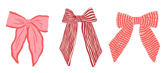 Crayon bows set. Coquette style ribbons and bows striped and plaid, aesthetic vintage elegant cliparts. Hand drawn pencil art decor, bowknots for girly, birthday, gift, wedding. Vector illustration