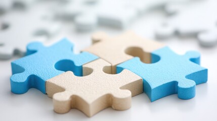 Obraz premium Four puzzle pieces in varying shades of blue and cream are arranged together on a light surface. Surrounding pieces create a relaxing atmosphere for creative activities.