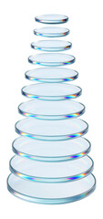 Floating glass discs, aligned vertically, each refracting light in different directions.