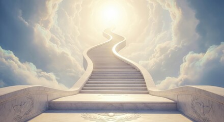 Ascending the Stairway to Heaven Through Wispy Clouds Towards Golden Sunlight