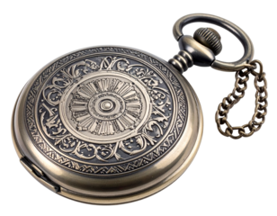  Vintage Closed Pocket Watch with Chain, Ornamental Etched Case, isolated on transparent background