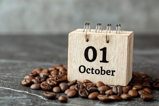 A calendar block showing 01 October is surrounded by coffee beans on a textured surface