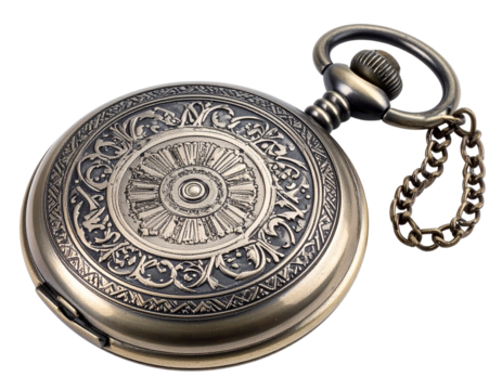  Vintage Closed Pocket Watch with Chain, Ornamental Etched Case, isolated on transparent background