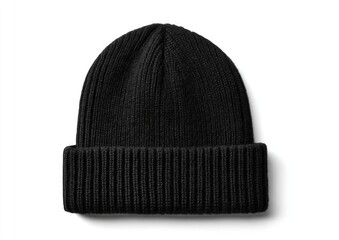 Black knitted beanie on white background