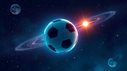 Naklejka premium Futuristic sci fi illustration of a glowing football floating in outer space with galaxies, stars and cosmic light.