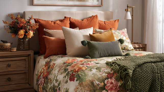 Dormitorio decorado con ropa de cama floral, manta verde y cojines en tonos c&aacute;lidos, acompa&ntilde;ado de flores oto&ntilde;ales, l&aacute;mpara moderna y cabecero beige, ideal para dise&ntilde;o interior acogedor y estacional.