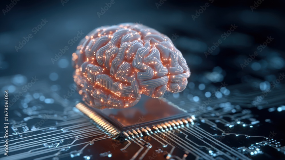 Poster a detailed illustration showcases a human brain positioned on a circuit board. the brain is illumina