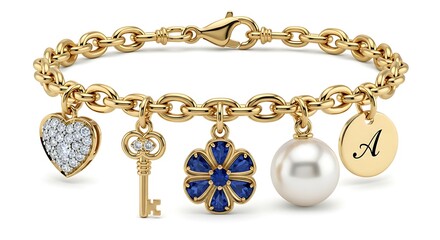 Gold charm bracelet isolated on white background
