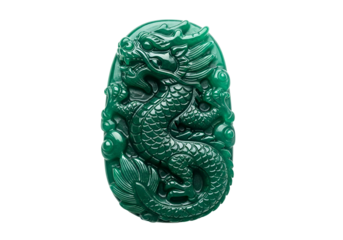 An intricately carved jade dragon pendant showcases a deep emerald green hue against a stark black backdrop.