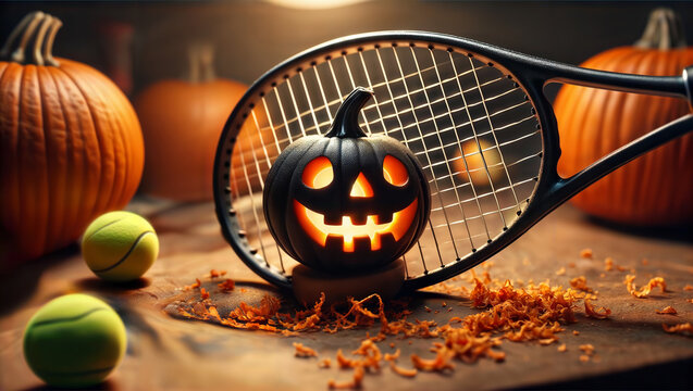 A glowing jack-o'-lantern is creatively displayed with a tennis racket and balls.