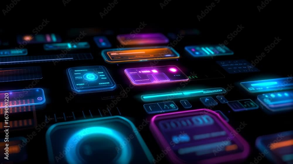 Poster luminescent digital interface with translucent interactive elements, showcasing advanced technologic