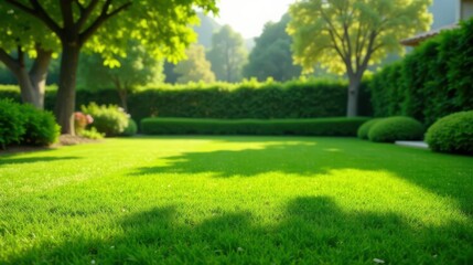 Fototapeta premium Serene Landscape Lush Green Lawn, Shadowy Trees, and Vibrant Hedgerows in a Tranquil Garden Setting