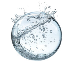Clear water sphere with bubbles and splash isolated on black background