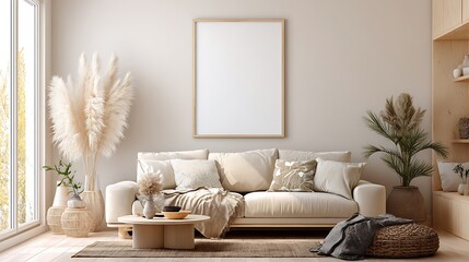 Blank horizontal poster frame mock up in style living room interior, modern living room interior background, beige sofa and pampas grass.