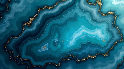 A luxurious abstract background of a blue agate geode slice. Features a liquid marble texture with flowing layers and sparkling gold veins.