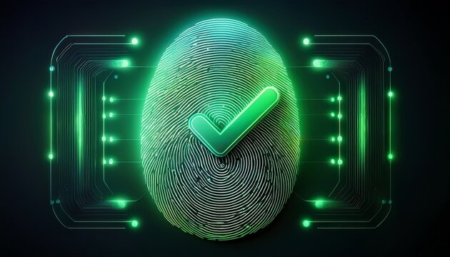 digital fingerprint with glowing green check mark symbolizing identity verification and security in modern technology and biometric authentication solutions